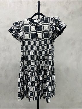 Sea New York Black and White Geometric Ruffle Sleeve Dress